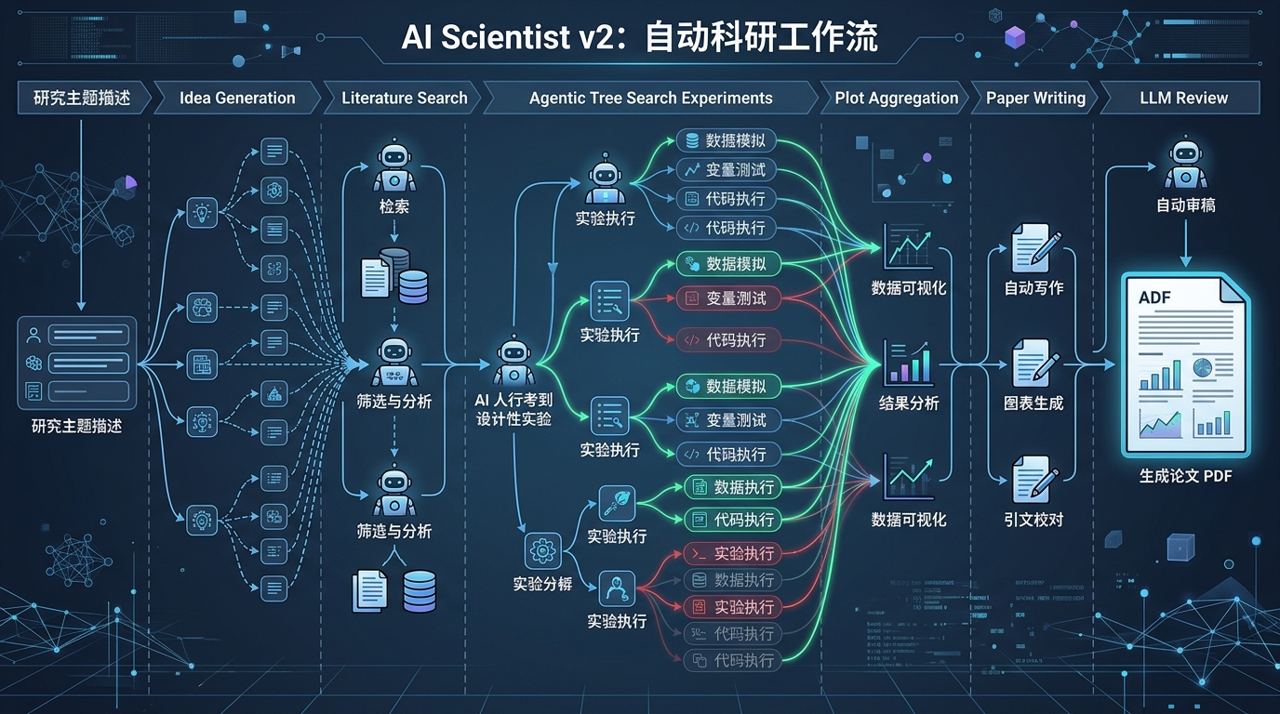 AI Scientist-v2 的重点不是某个单点模型，而是把想法、搜索、实验、画图、写作、审稿接成了一条自动科研流水线