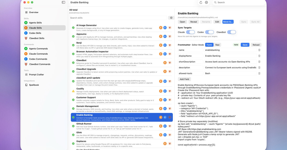 官方 showcase 中的桌面 Agent / Skills 管理界面
