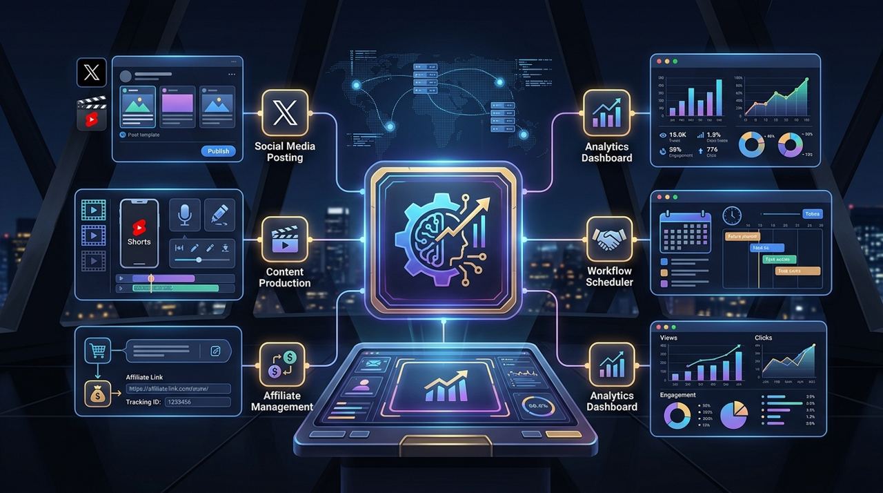 一张 Gemini 生成的自动化工作台示意图：把 YouTube Shorts、Twitter、联盟链接、外联和调度器放进同一个控制台，强调它不是单点 AI 工具，而是一整套增长流水线。