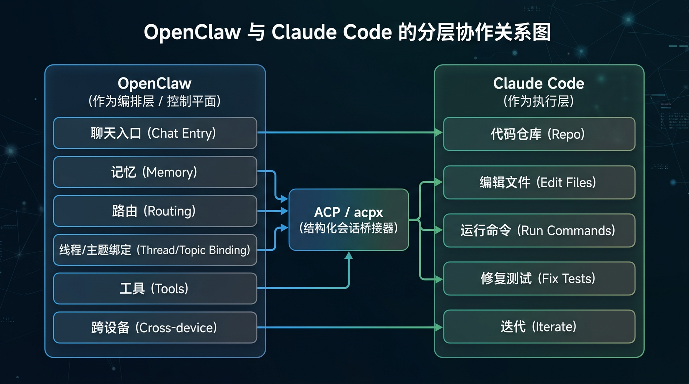 OpenClaw 与 Claude Code 的分层协作关系图