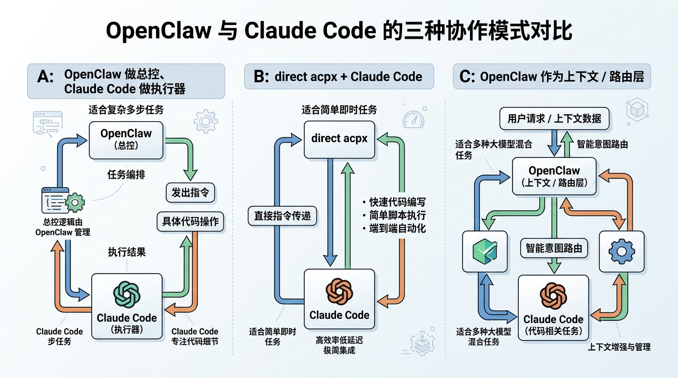 OpenClaw 与 Claude Code 的三种协作模式示意