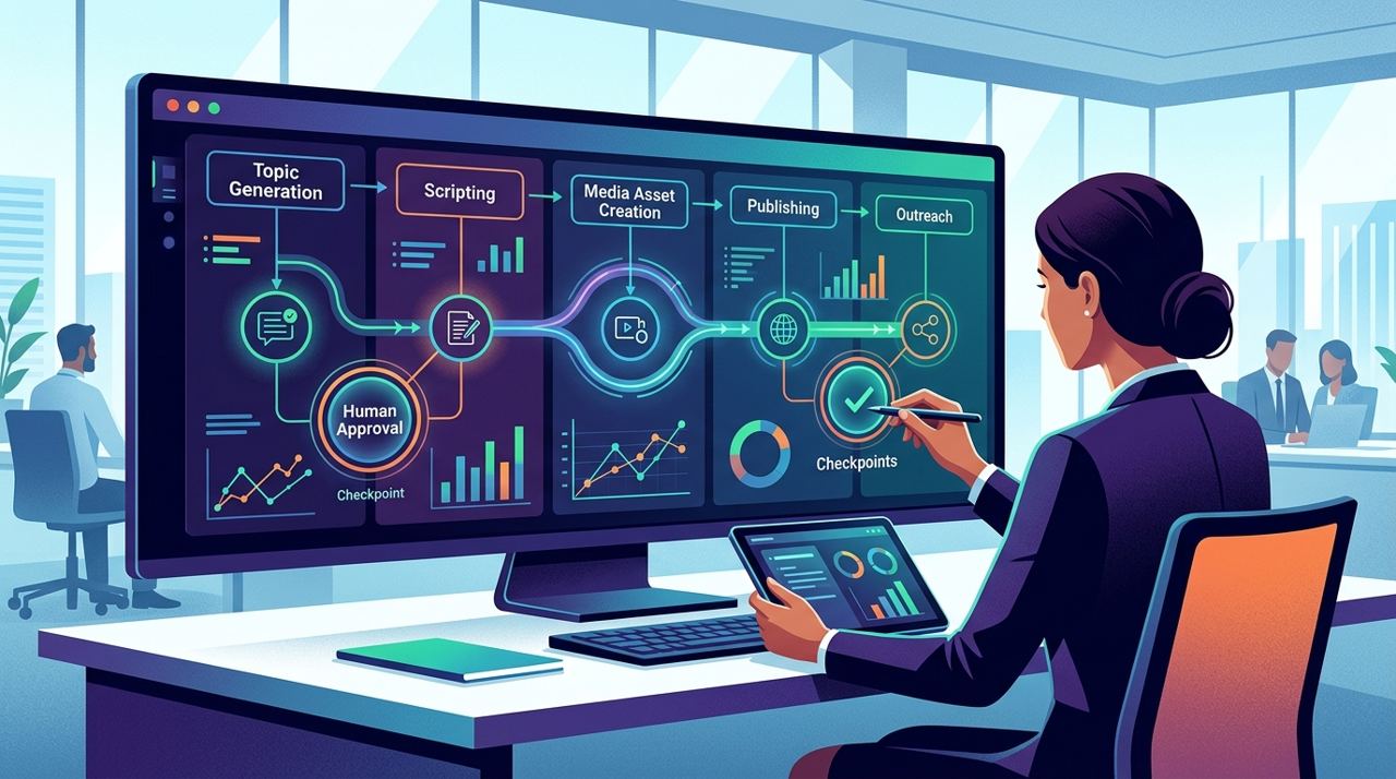 一张 Gemini 生成的半自动工作流示意图：人负责关键判断和检查点，AI 负责选题、脚本、素材、分发等重复动作，强调真正稳的路径通常不是全自动，而是半自动。