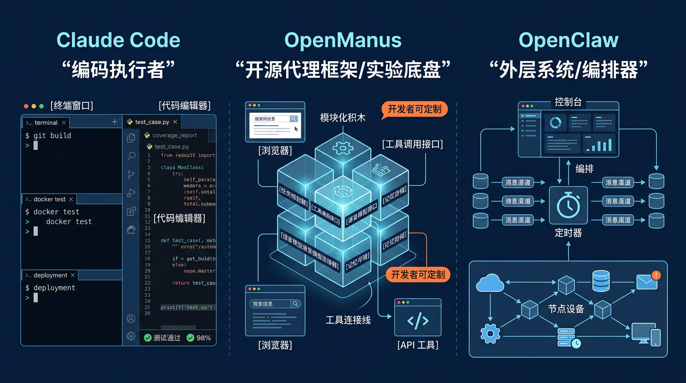 图 1：三者不是同一层产品。Claude Code 更像执行者，OpenManus 更像开源代理底盘，OpenClaw 更像外层系统。