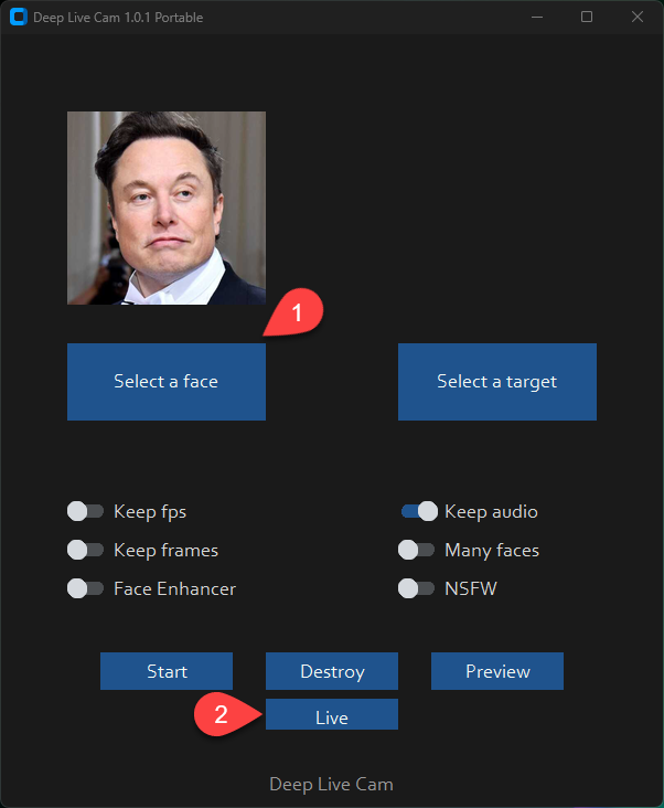 Deep-Live-Cam 的主界面把选脸、选目标、开关项和实时模式都压在一个桌面窗口里