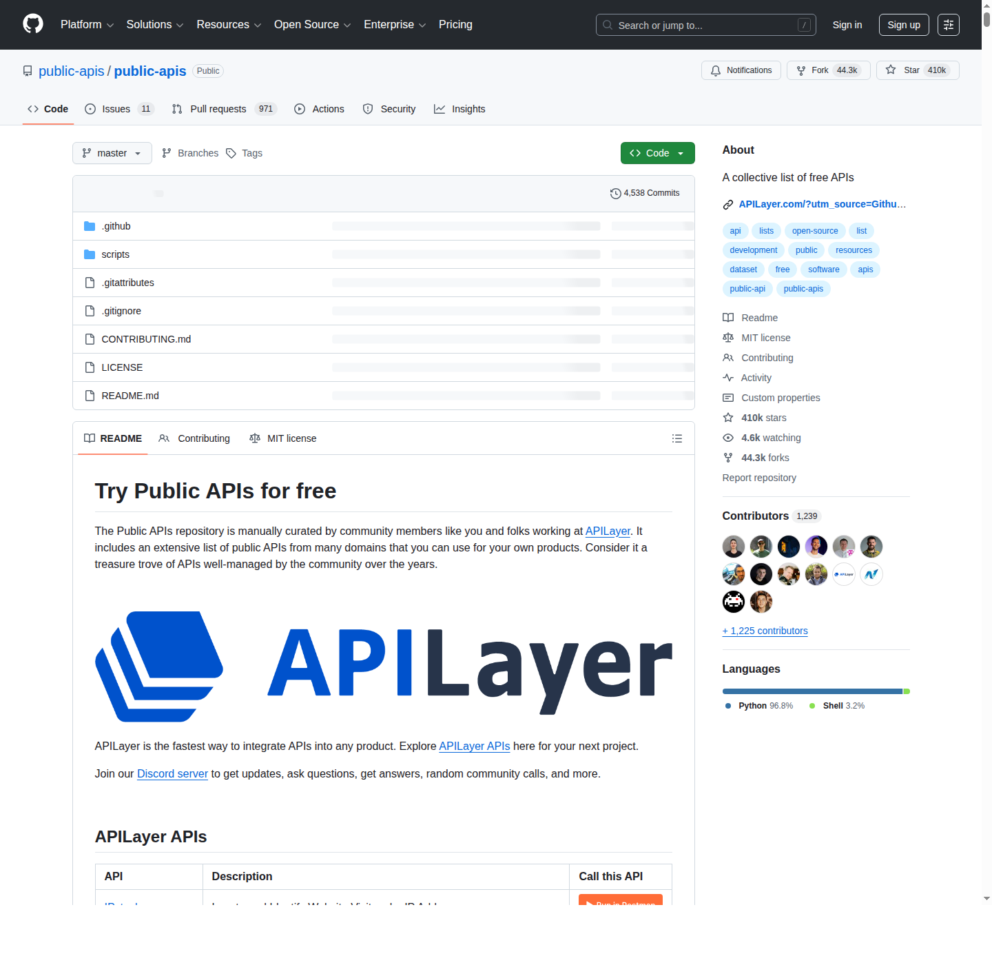 public-apis 仓库首页截图