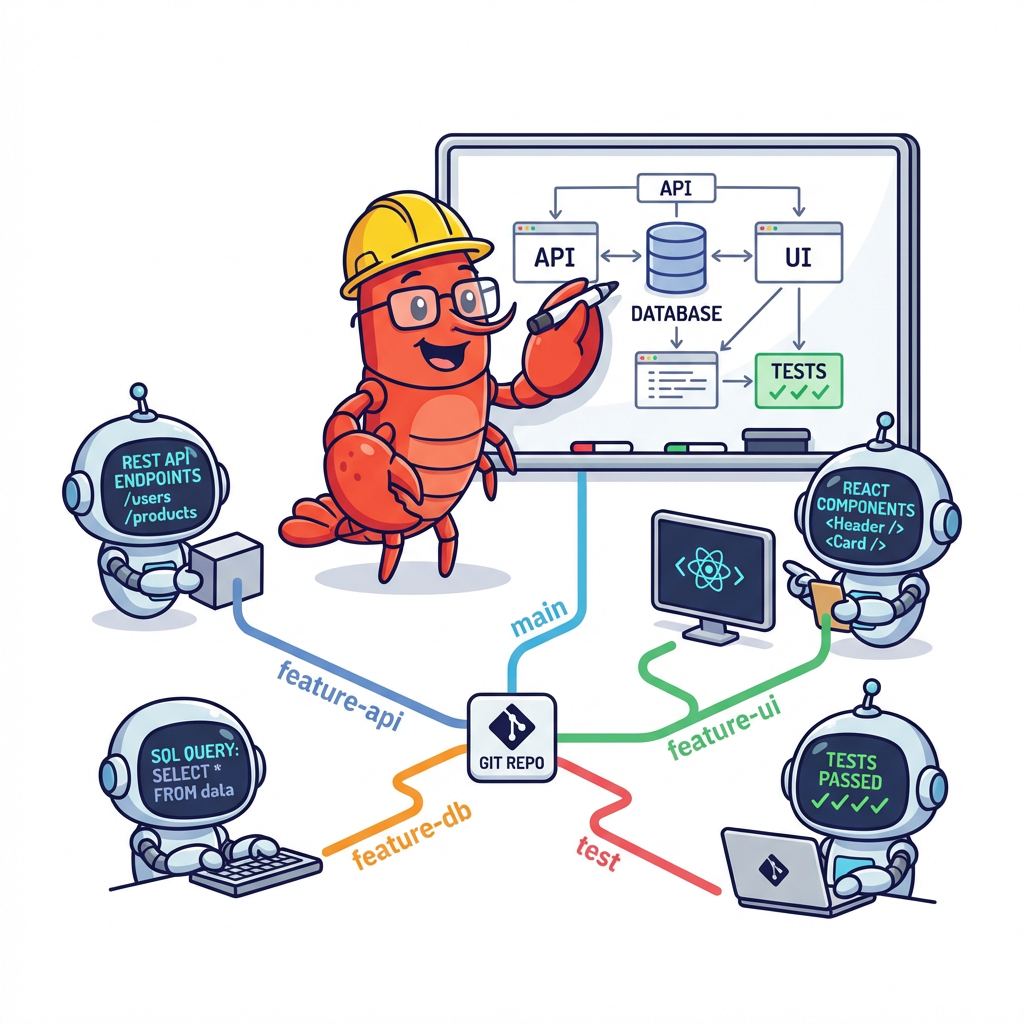软件工程场景图:API、后端、前端、测试等角色并行推进。