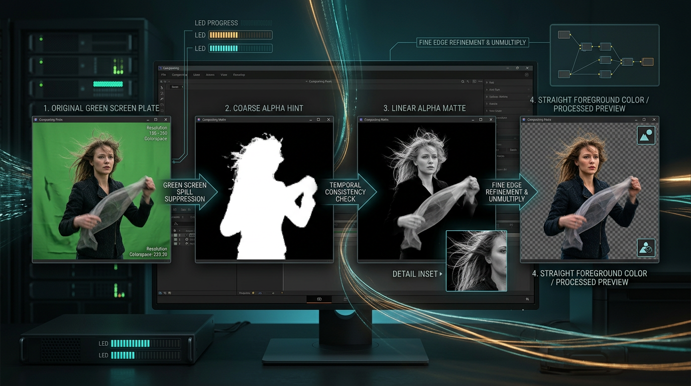 流程解释图：用生成图把“原始绿幕 → 粗 Alpha Hint → 反混合 → 分层输出”这条链路直观画出来
